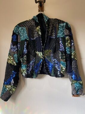Embellished Sequin Patchwork Jacket - Blue/Green